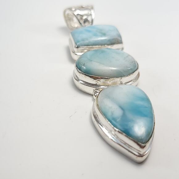 Triple Harmony Larimar Silver Pendant (2.5") with 18" Necklace - Picture 10 of 12